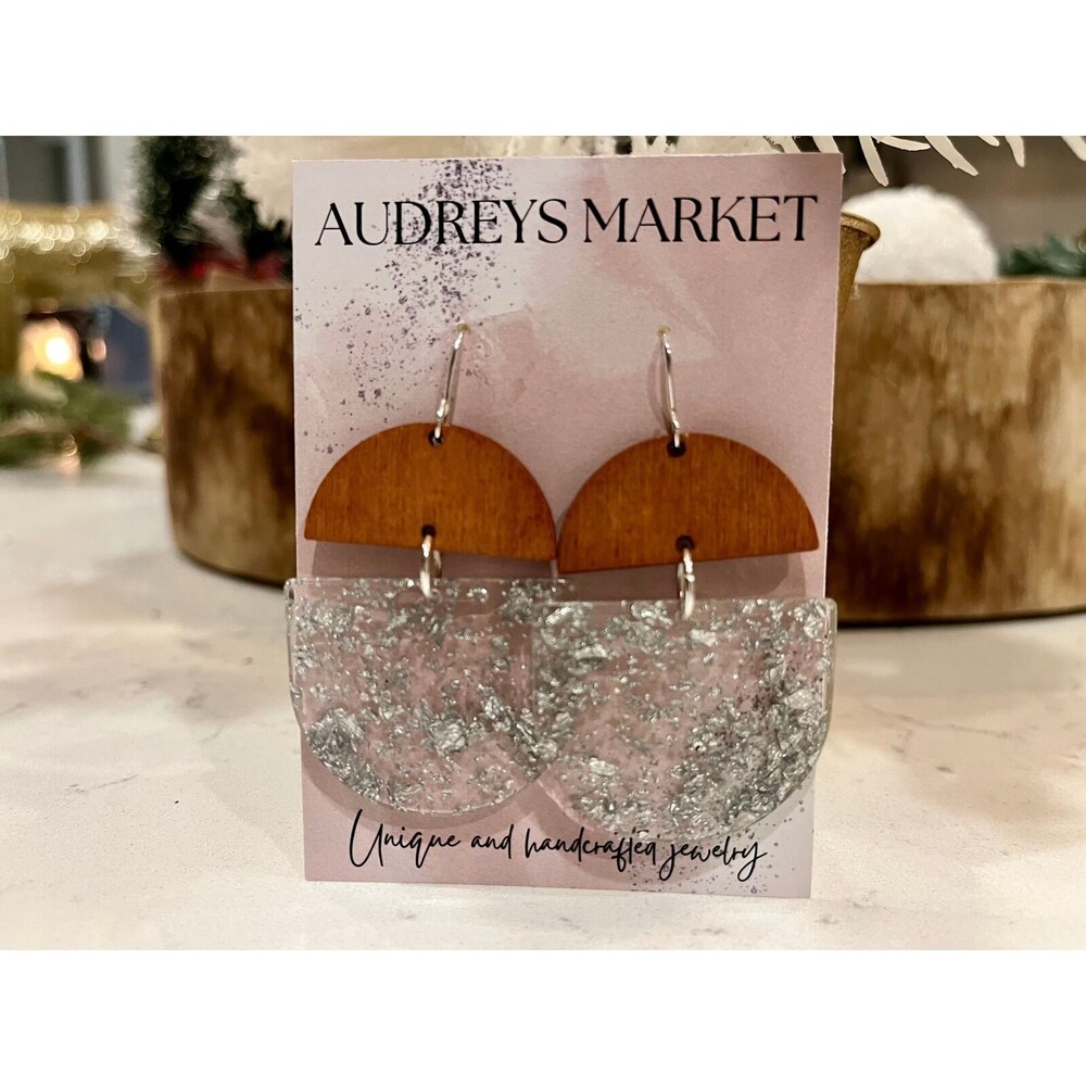 Silver Flake Wood and Acrylic Deco Drop Statement Earrings